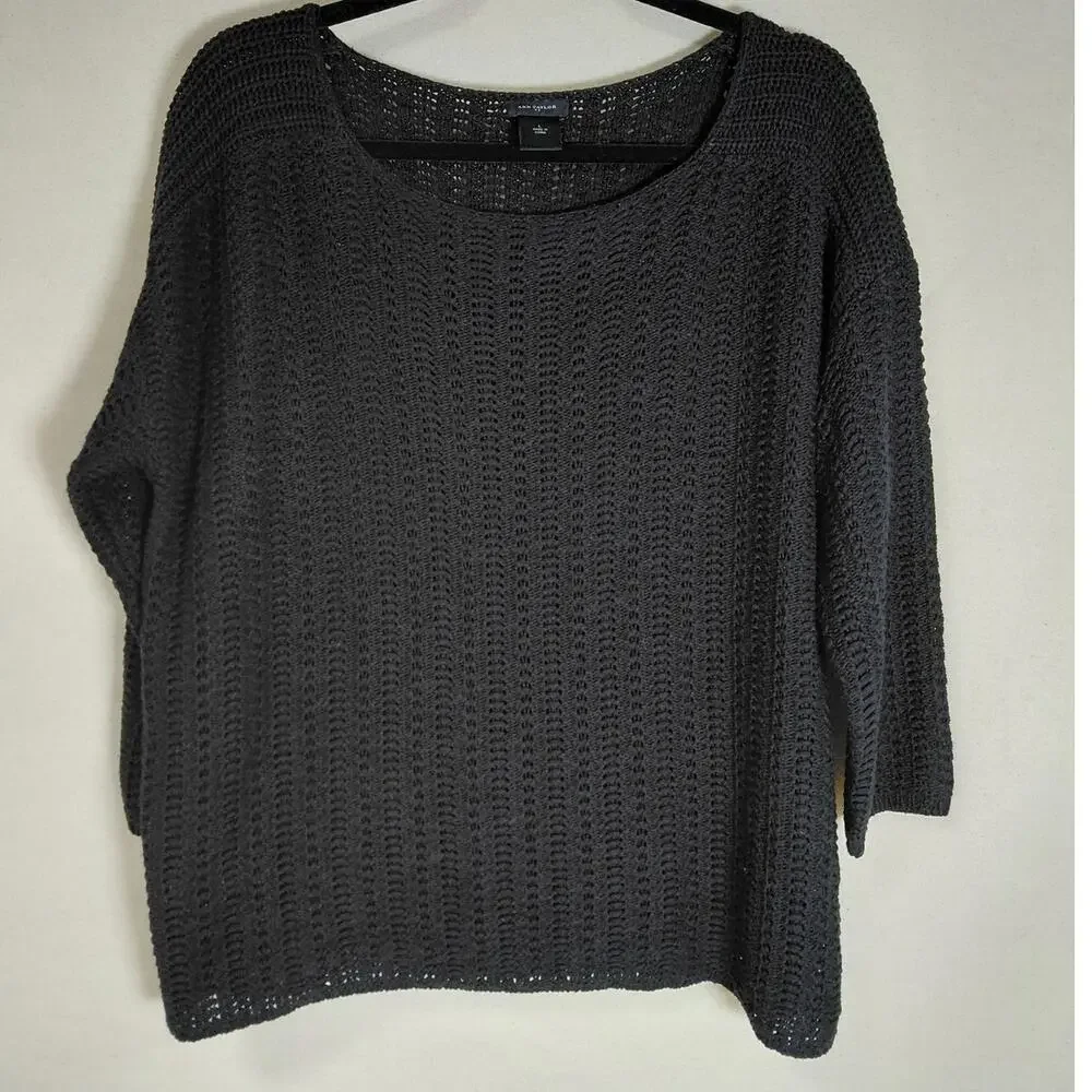 Ann Taylor Black Open Knit Scoop Neck 3/4 Sleeve Sweater Women Size L